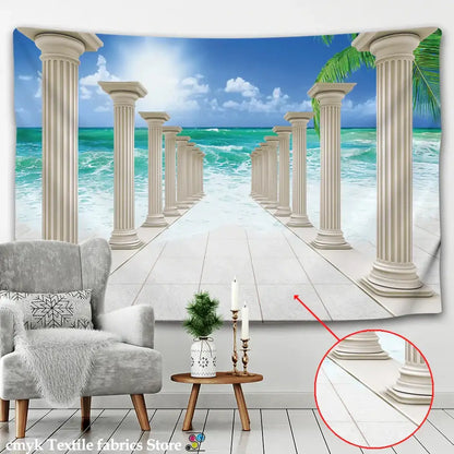 Ancient architecture tapestry wall hanging blue bedroom decor