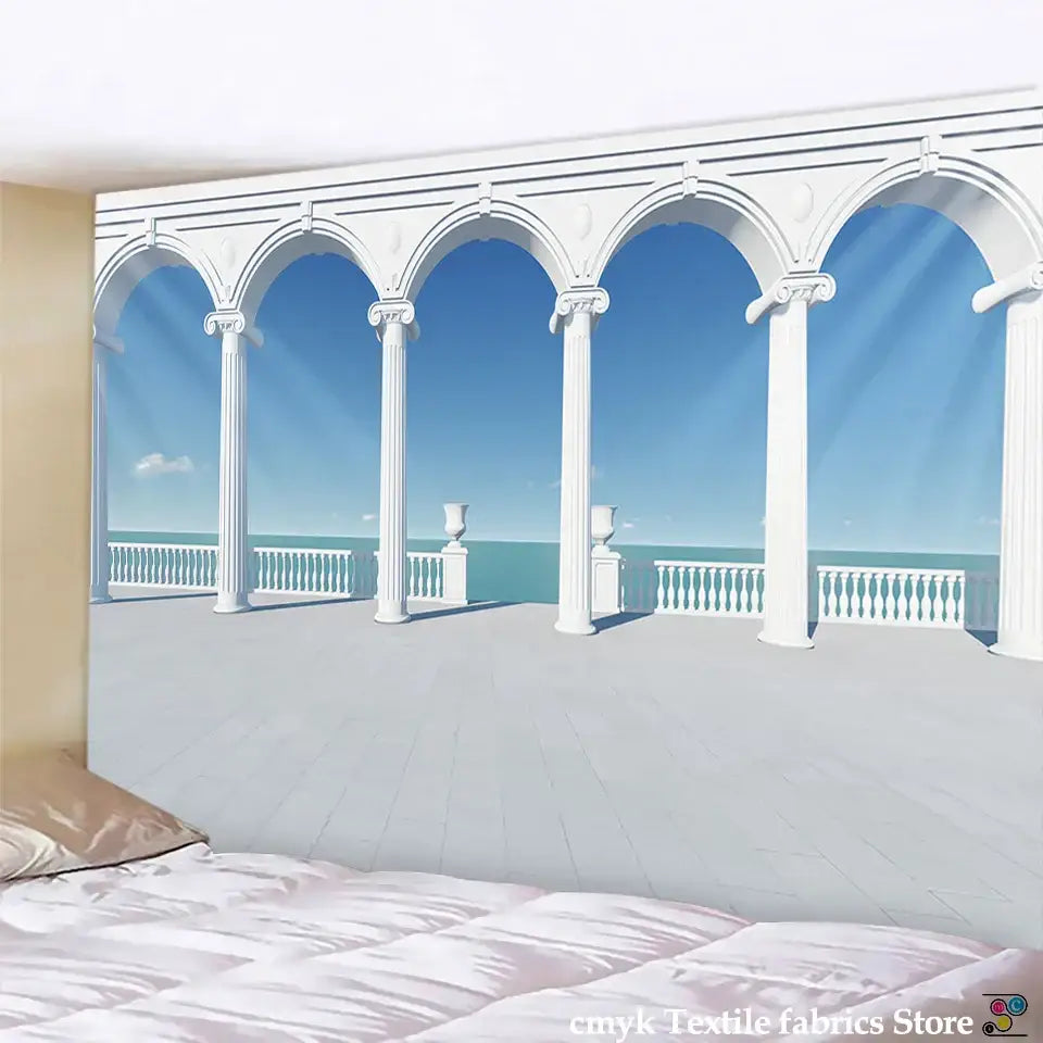 Ancient architecture tapestry wall hanging blue bedroom decor