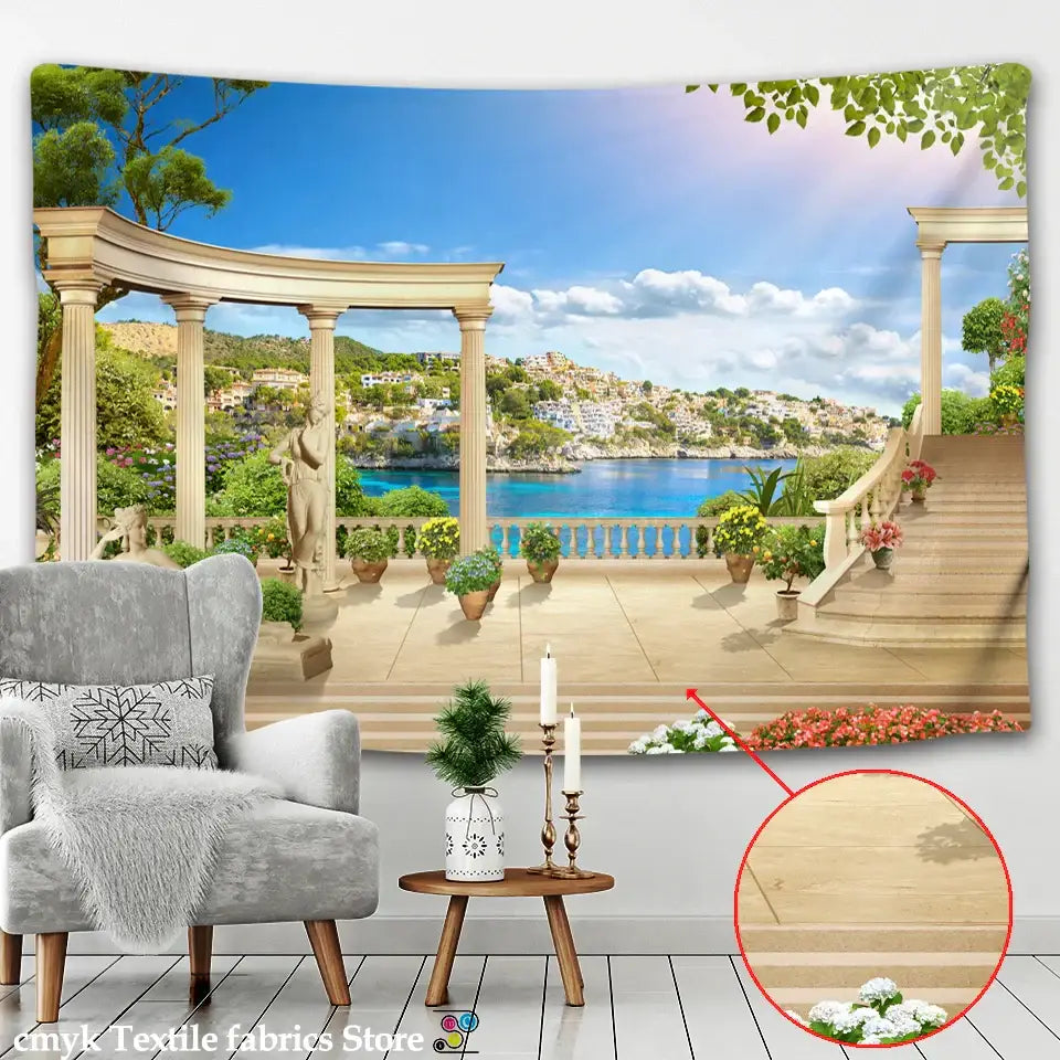 Ancient architecture tapestry wall hanging blue bedroom decor