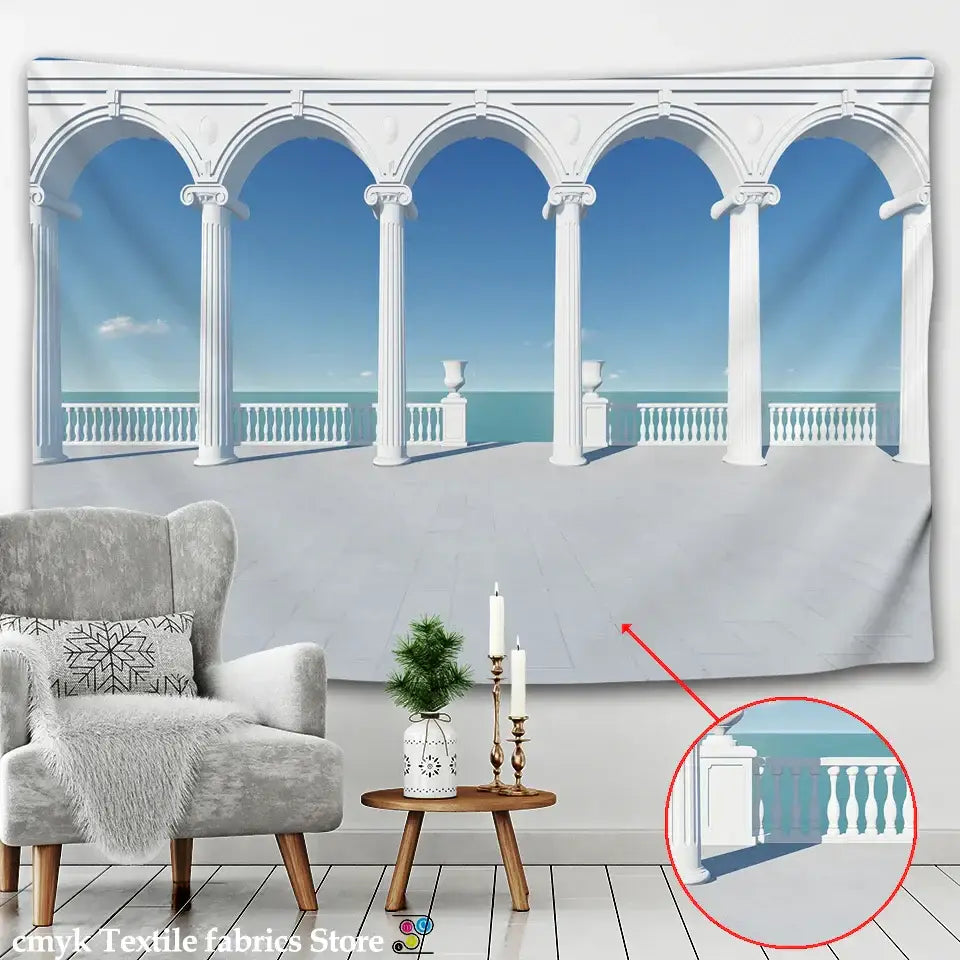 Ancient architecture tapestry wall hanging blue bedroom decor