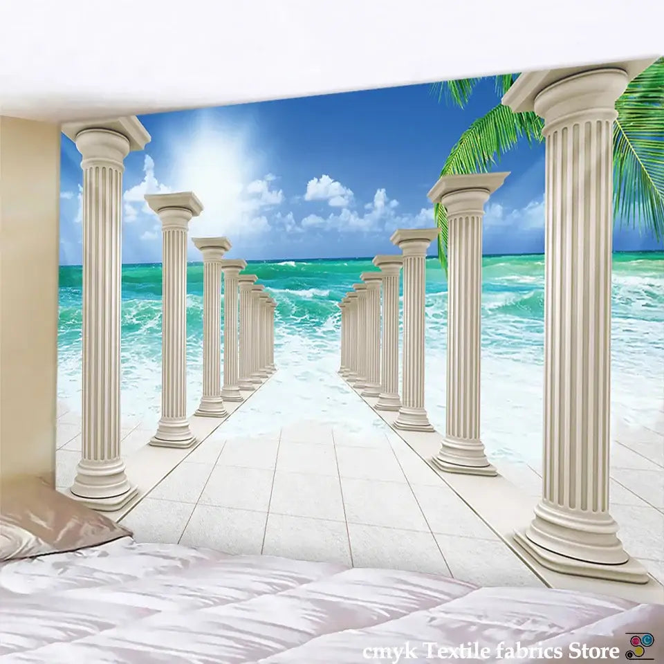 Ancient architecture tapestry wall hanging blue bedroom decor