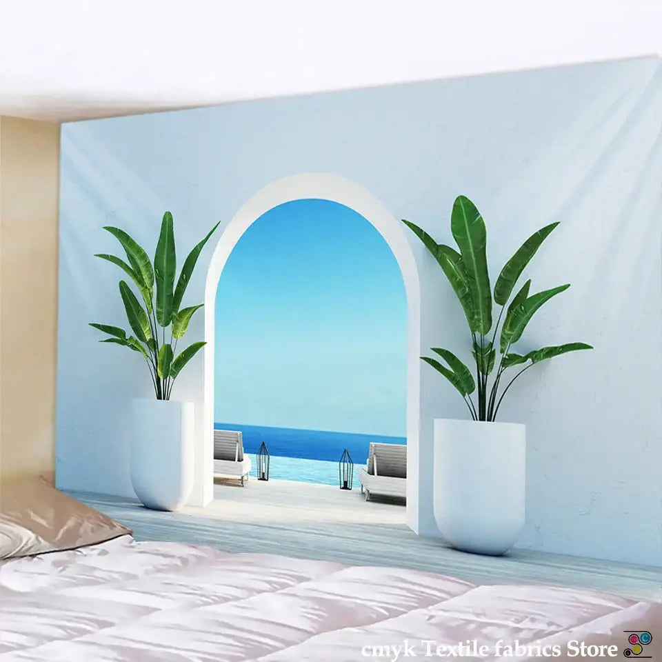 Ancient architecture tapestry wall hanging blue bedroom decor