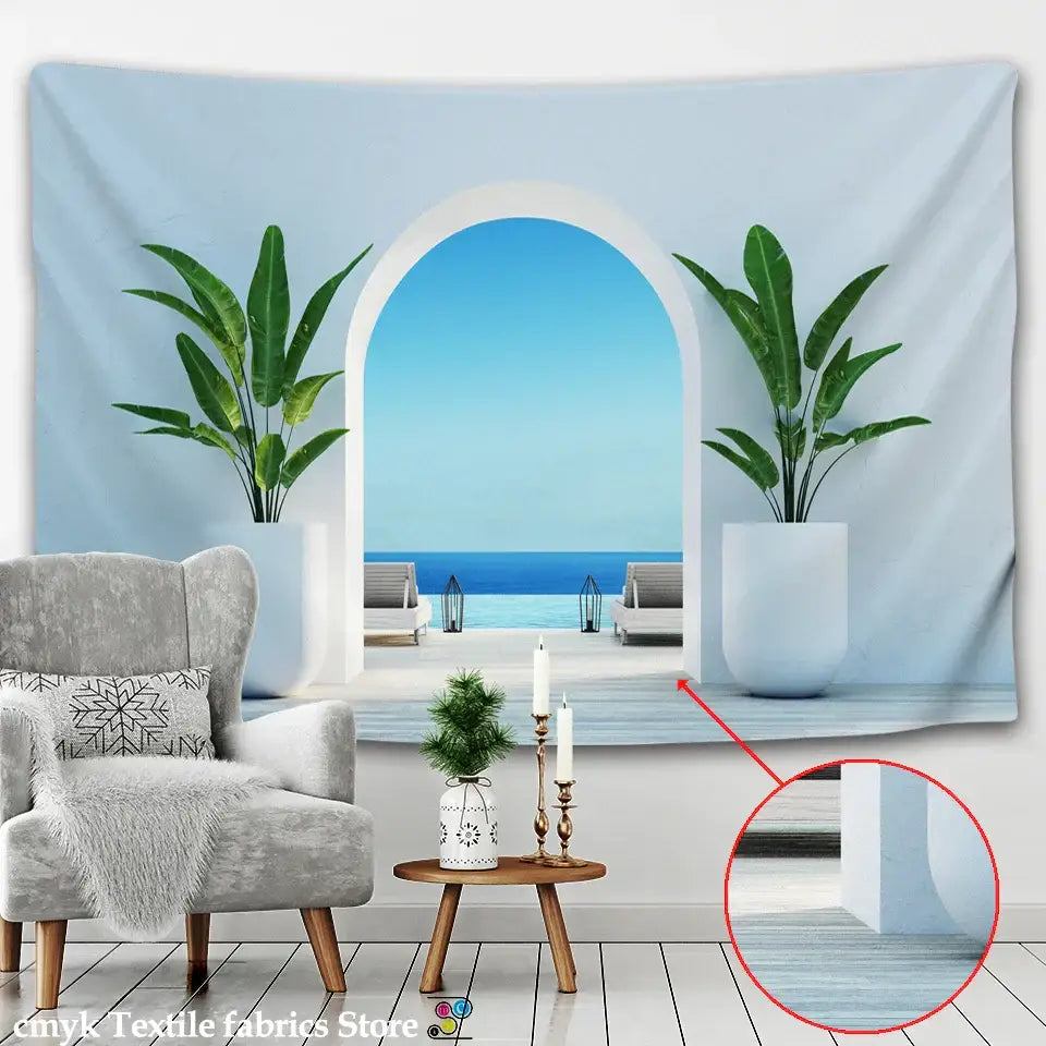 Ancient architecture tapestry wall hanging blue bedroom decor