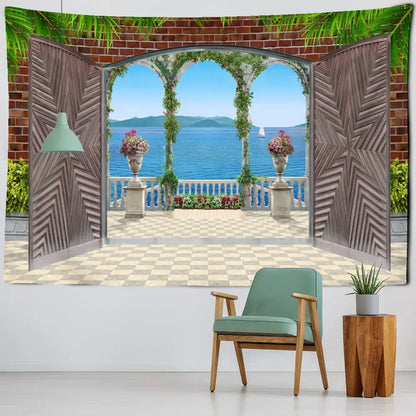 Ancient architecture tapestry wall hanging blue bedroom decor