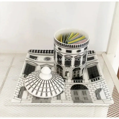 Ancient roman architecture white & black ceramic candle holder living room