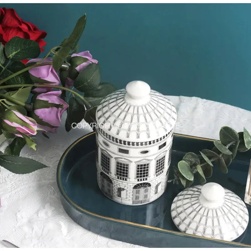 Ancient roman architecture white & black ceramic candle holder living room