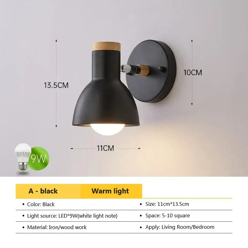 Modern black & wood adjustable led wall sconce bedroom light