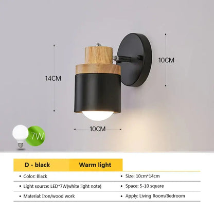 Modern black & wood adjustable led wall sconce bedroom light