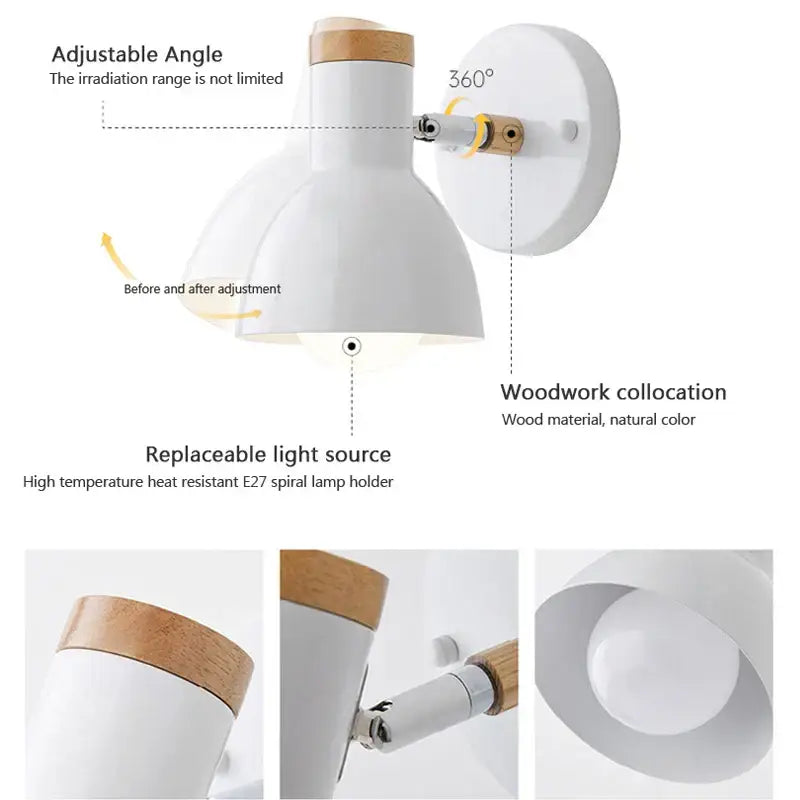 Modern black & wood adjustable led wall sconce bedroom light