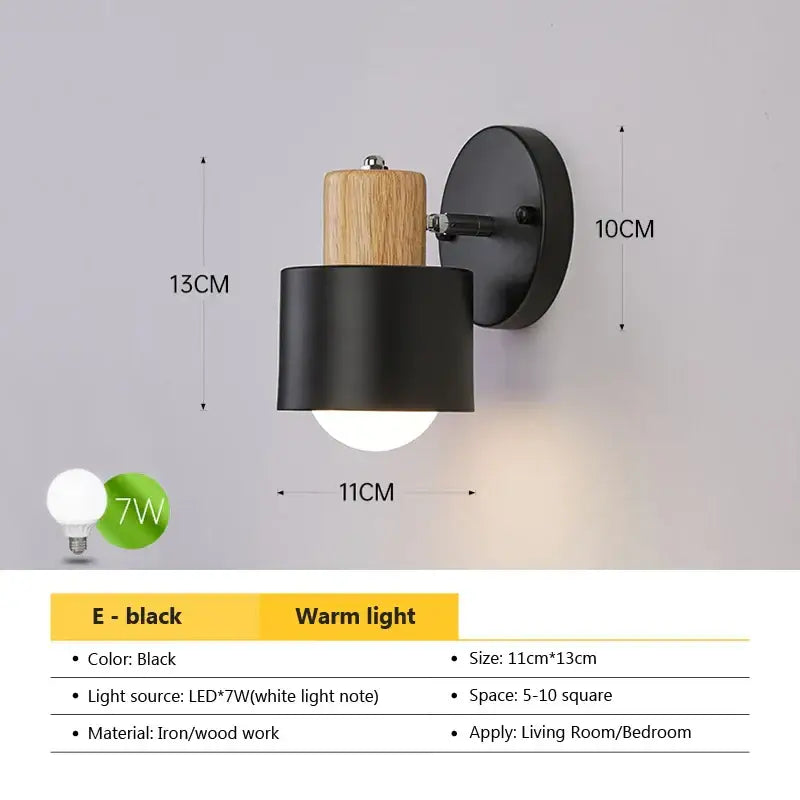 Modern black & wood adjustable led wall sconce bedroom light