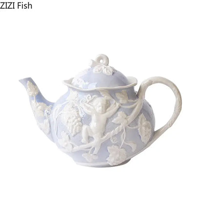 Pink and white angel figures relief ceramic teacup dining room set