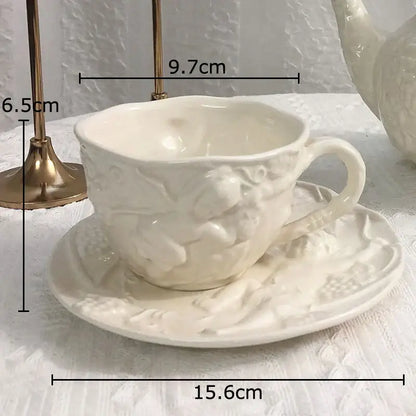Pink and white angel figures relief ceramic teacup dining room set