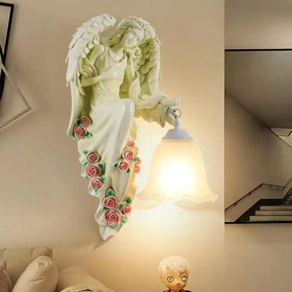 Golden angel resin sconce indoor wall light with crystal for bedroom