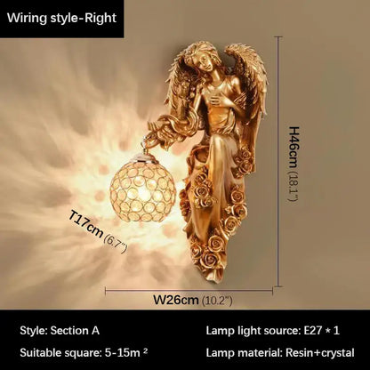Golden angel resin sconce indoor wall light with crystal for bedroom