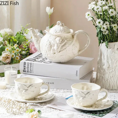 Angel relief ceramic tableware set white floral coffee cups dining room