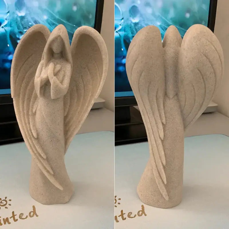Serene white angel wing girl resin statue living room decor