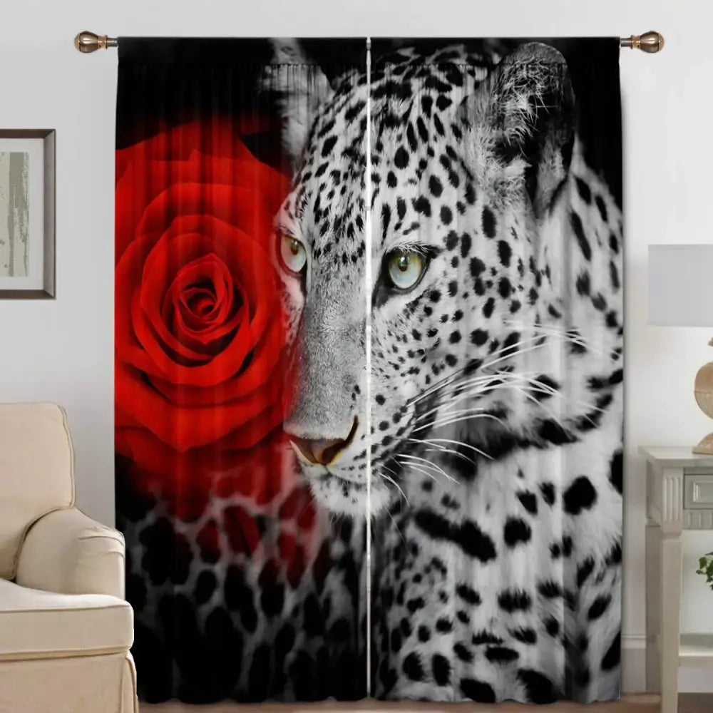 Lion and rose animal avatars printed 2pc curtains living room