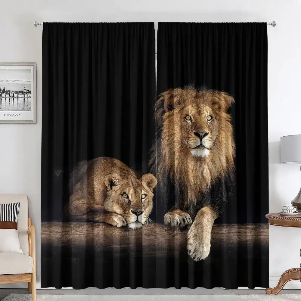 Lion and rose animal avatars printed 2pc curtains living room