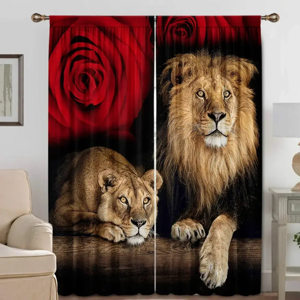 Lion and rose animal avatars printed 2pc curtains living room