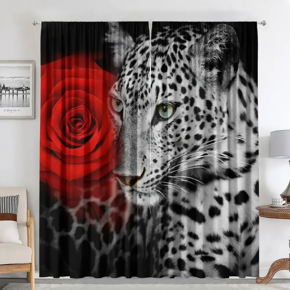 Lion and rose animal avatars printed 2pc curtains living room