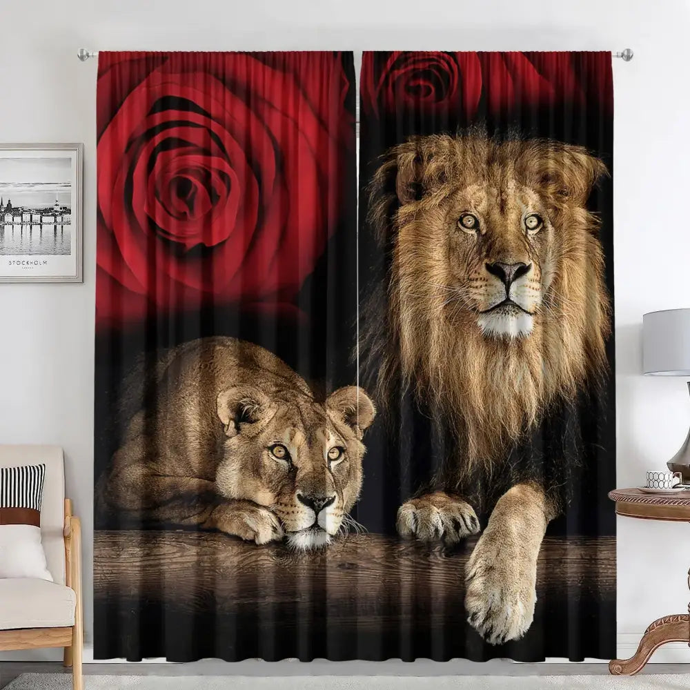 Lion and rose animal avatars printed 2pc curtains living room