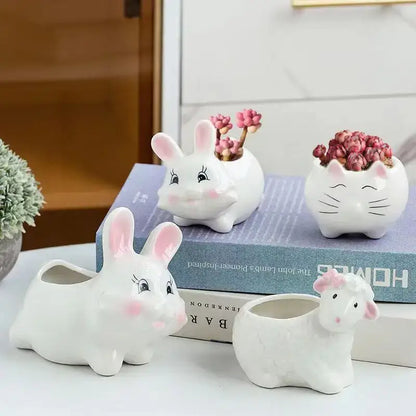 White & pink animal cartoon ceramic flowerpot nursery decor