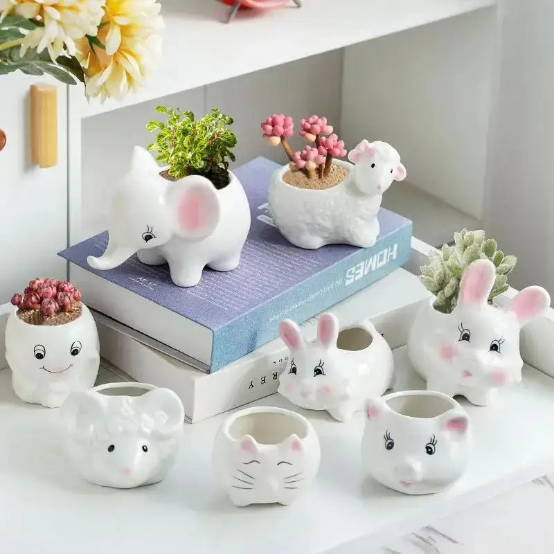 White & pink animal cartoon ceramic flowerpot nursery decor