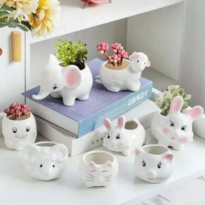 White & pink animal cartoon ceramic flowerpot nursery decor