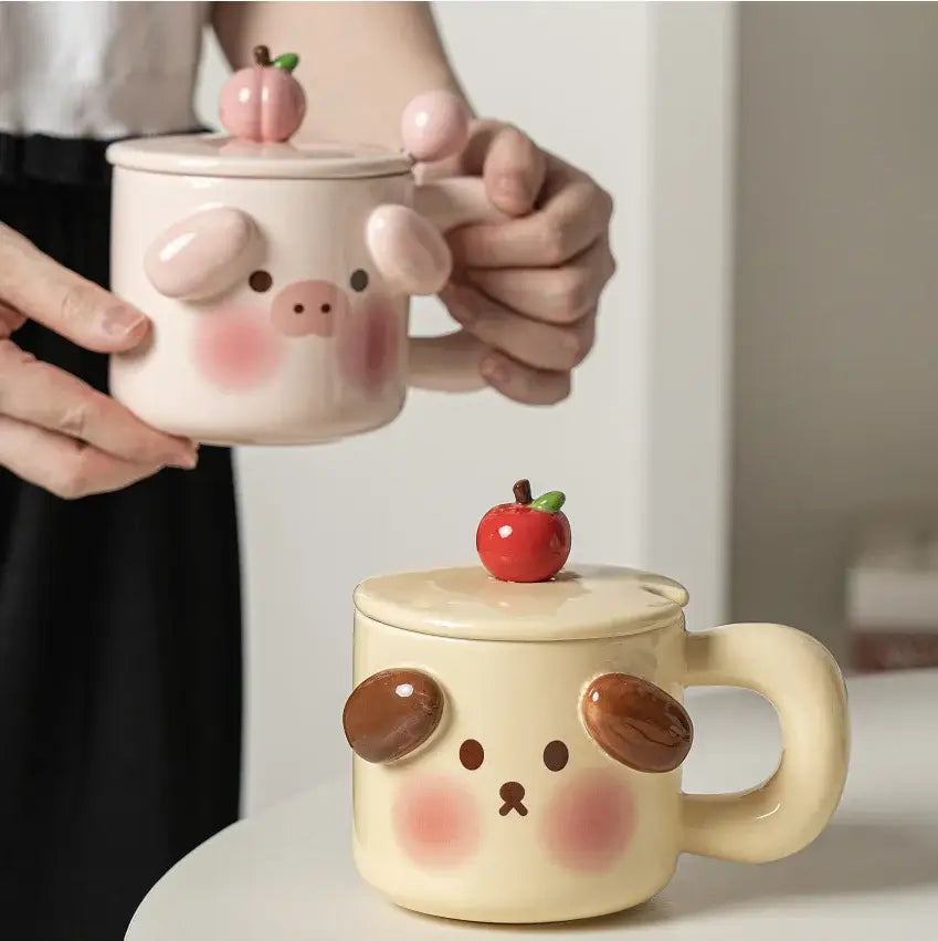 Cute cream dog animal ceramic mug set kitchen breakfast cup