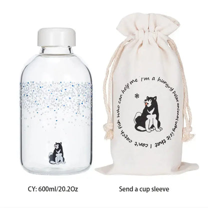 Kawaii penguin glass water bottle with yellow flowers kitchen travel