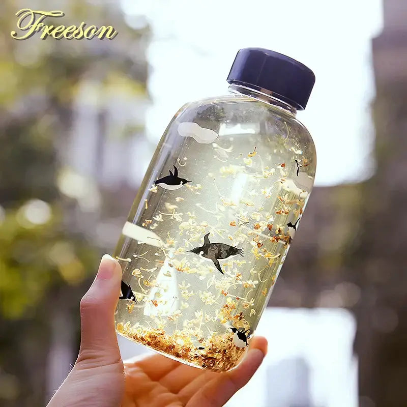 Kawaii penguin glass water bottle with yellow flowers kitchen travel