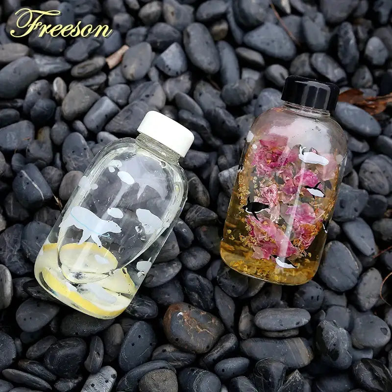 Kawaii penguin glass water bottle with yellow flowers kitchen travel