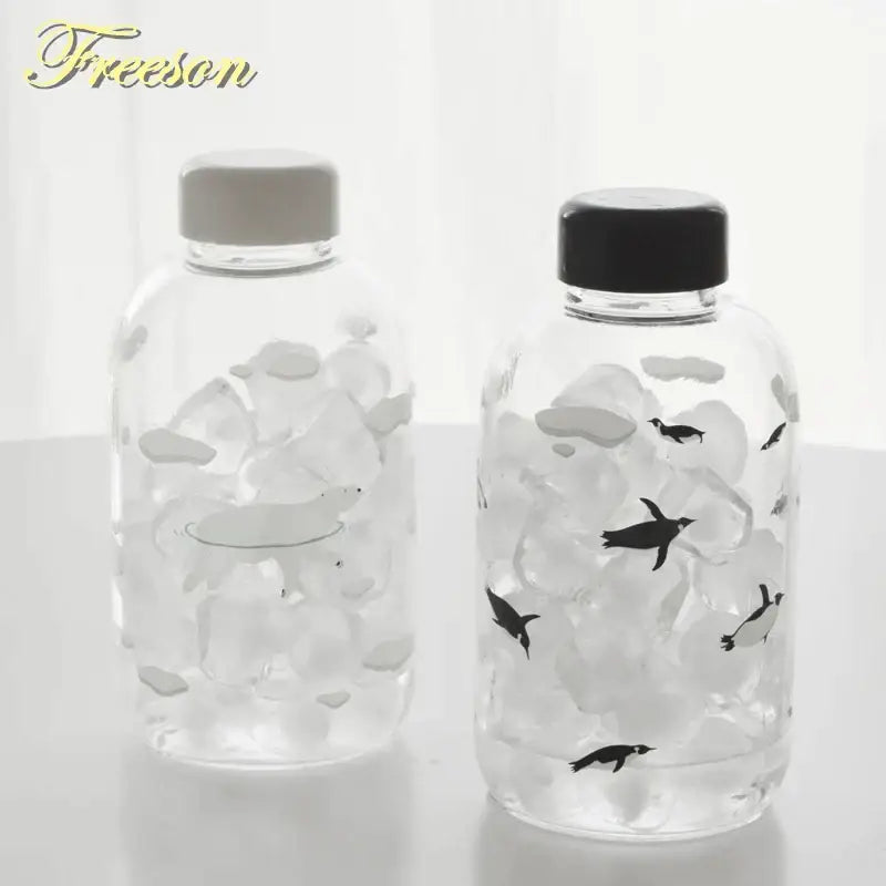 Kawaii penguin glass water bottle with yellow flowers kitchen travel