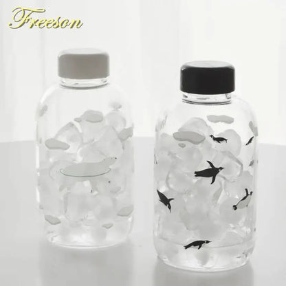Kawaii penguin glass water bottle with yellow flowers kitchen travel