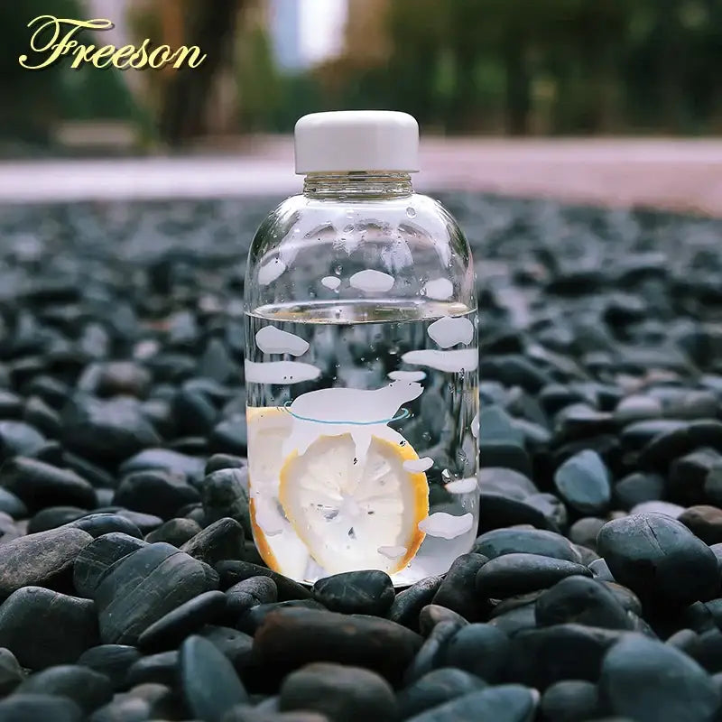 Kawaii penguin glass water bottle with yellow flowers kitchen travel