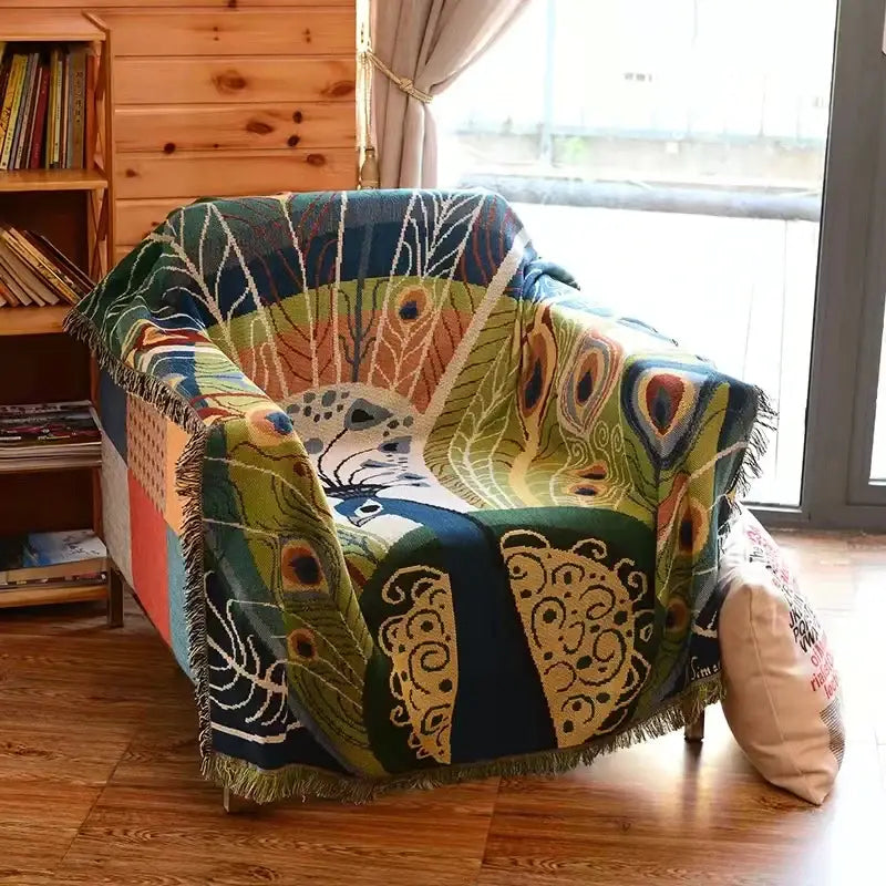 Boho peacock teal & green pattern throw blanket living room cover