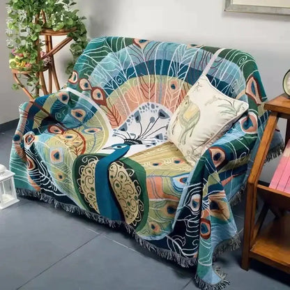 Boho peacock teal & green pattern throw blanket living room cover