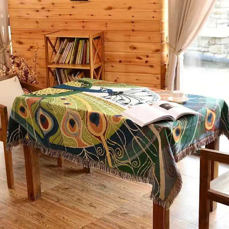 Boho peacock teal & green pattern throw blanket living room cover