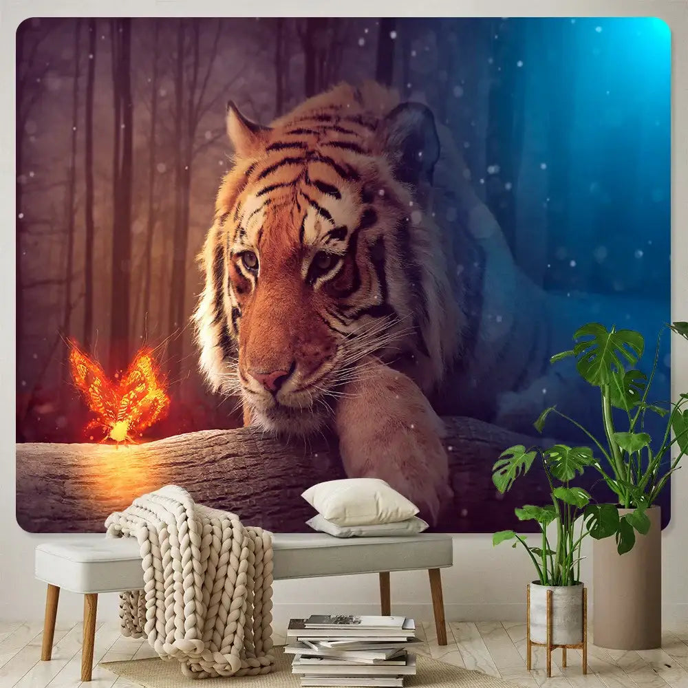 Psychedelic tiger and butterfly animal psychedelic tapestry bedroom