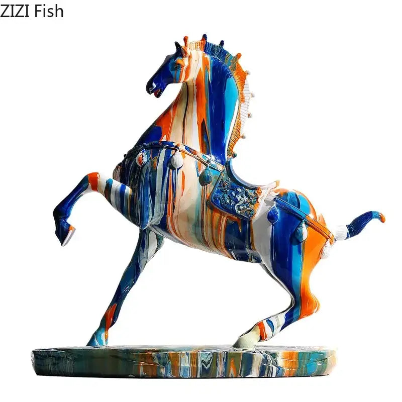 Abstract blue and orange horse animal resin statue living room decor