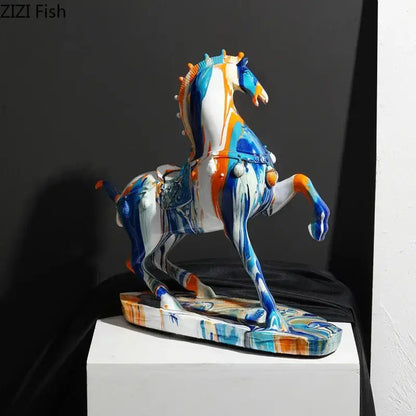 Abstract blue and orange horse animal resin statue living room decor