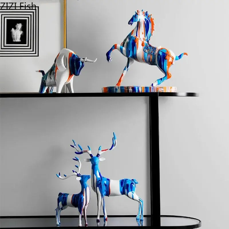 Abstract blue and orange horse animal resin statue living room decor