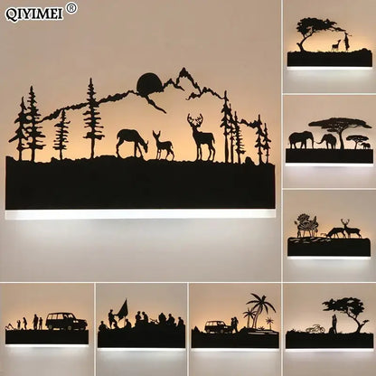 Black metal elephant silhouette animal wall lamps for living room