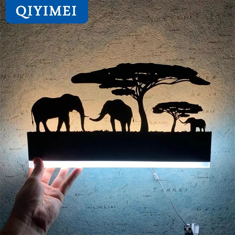 Black metal elephant silhouette animal wall lamps for living room