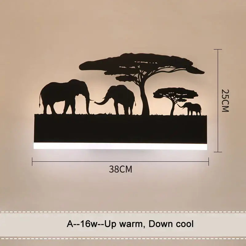 Black metal elephant silhouette animal wall lamps for living room