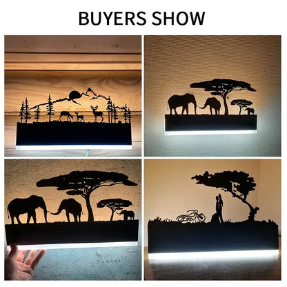 Black metal elephant silhouette animal wall lamps for living room