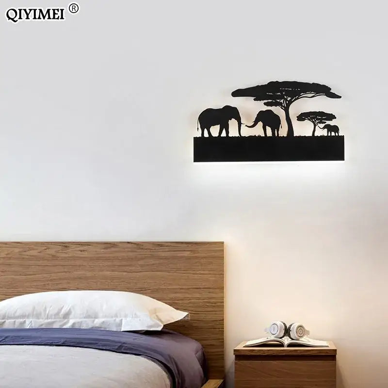 Black metal elephant silhouette animal wall lamps for living room