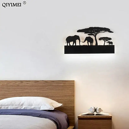 Black metal elephant silhouette animal wall lamps for living room