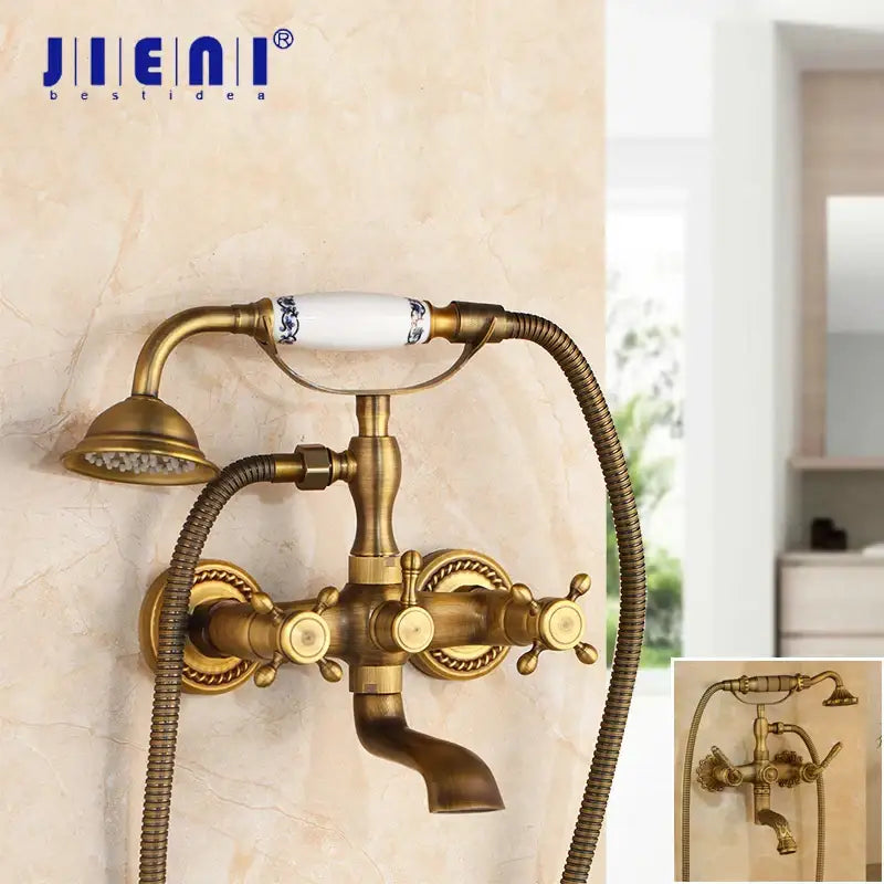 Antique brass floral shower mixer set bathroom faucet with ceramic handle
