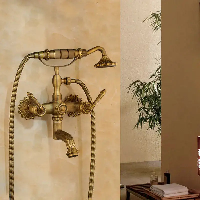 Antique brass floral shower mixer set bathroom faucet with ceramic handle
